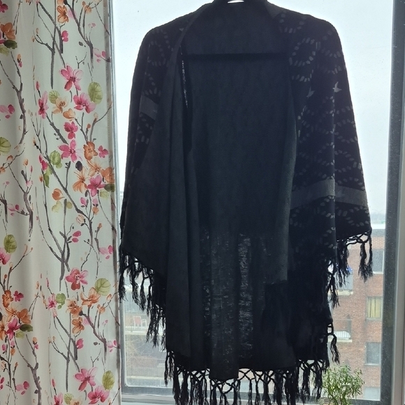 Unique Sweaters - Unique  Stretchy Black Double Fringed Knit Women's Cardigan / Shawl (C38)
